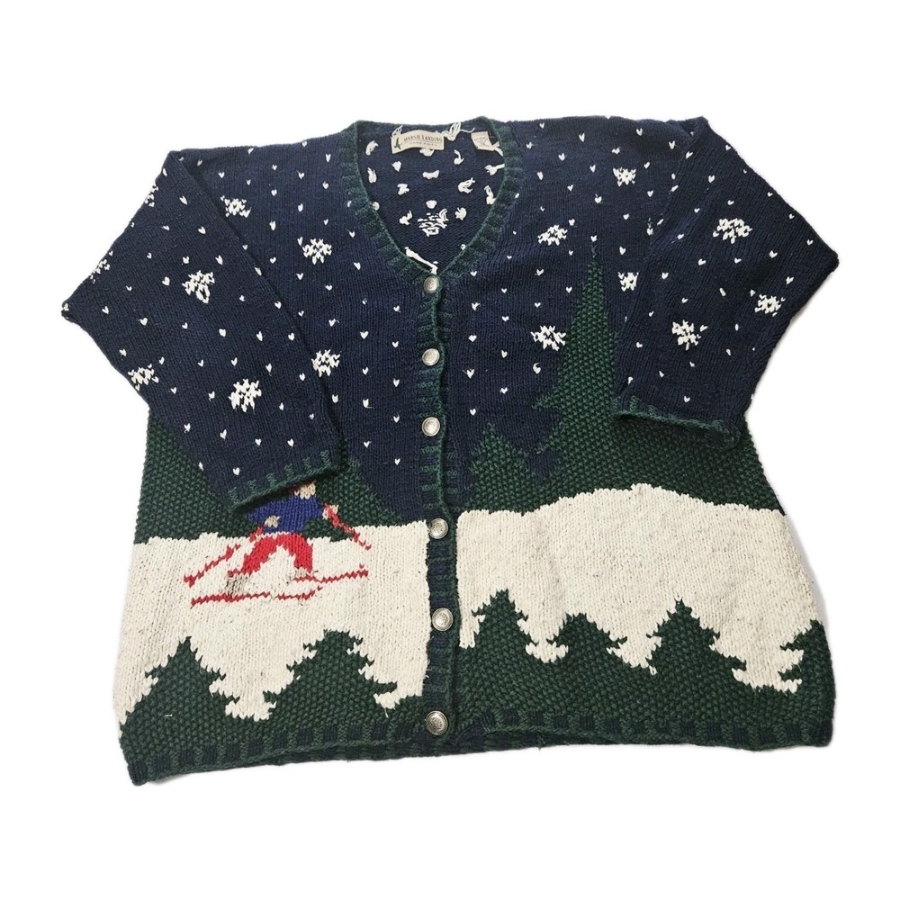 Marsh‎ Landing Ski Theme In Knit Womens Medium Button Up Christmas Sweater